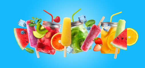 Bright Summer cocktail drinks, popsicles and fruits on blue background.