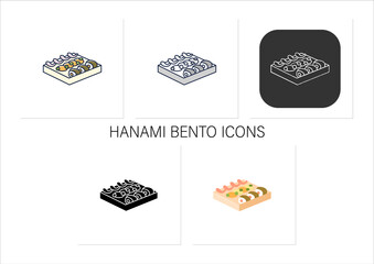 Hanami bento icons set.Traditional bento box with Japanese food. Sushi,fried chicken and salad, meatballs.Spring food.Collection of icons in linear, filled, color styles.Isolated vector illustrations