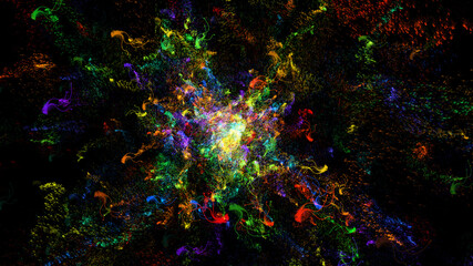 Naklejka na ściany i meble Explosion of colored powder isolated on black background. Abstract colored background. Royalty high-quality free stock of colorful smoke splatter, abstract powder explosion