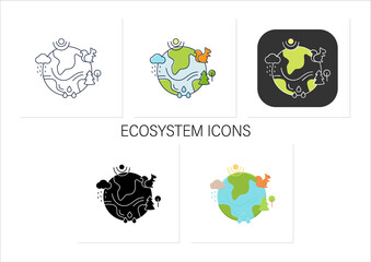 Ecosystem icons set. Living community of organisms. Consist of different zones like tundra, grassland, underwater etc.Collection of icons in linear, filled, color styles.Isolated vector illustrations