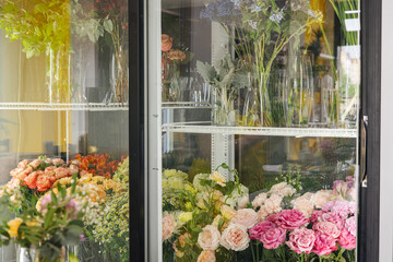 Variety of Flowers for sale in a special cold room with air conditioning. Refrigerator for flowers....