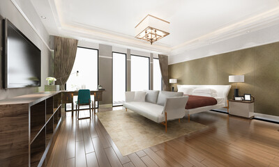 3d rendering beautiful classic orange luxury bedroom suite in hotel with tv