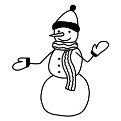 Hand drawn vector Christmas doodle funny snowman. Holiday linear illustration