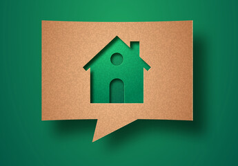Eco house green papercut chat bubble concept