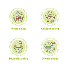 Restaurant new normal concept line icons..Private dining, outdoor dining, social distancing, drive in dining. Vector isolated conception metaphor illustrations