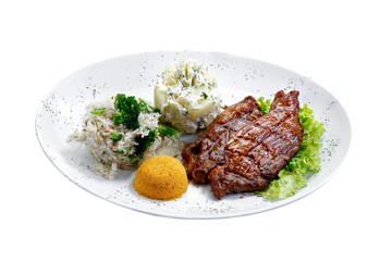 Beef steak with potatoes and rice in isolated white background
