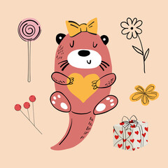 Vector illustration of an animal of different types among holiday items on an orange background. Vector illustration