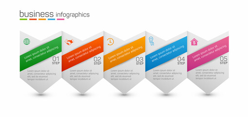 Business vector infographic design template with 5 options or steps. Can be used for process diagram, presentations, workflow layout, banner, flow chart, info graph