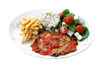 Beef steak with potatoes and rice in isolated white background