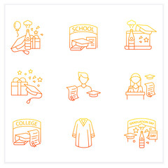 Graduation gradient icons set. Personal growth, professional development.Party, academic career and special uniform.Isolated vector illustrations.Suitable to banners, mobile apps and presentation