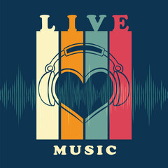 Live music vintage headphone love cartoon poster