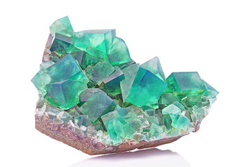 Amazing macro closeup of green blue rare fluorite mineral specimen isolated on white background. Rare double color mineral gem stone (fluorspar) from Rogerley in England. Natural cubic crystals - obrazy, fototapety, plakaty