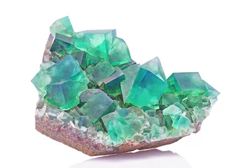Poster Amazing macro closeup of green blue rare fluorite mineral specimen isolated on white background. Rare double color mineral gem stone (fluorspar) from Rogerley in England. Natural cubic crystals © Sebastian