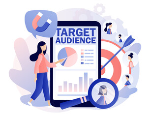 Target audience. Tiny woman set up advertice on social networks in smartphone app. Customers outreach, digital targeting marketing, business goal, sales generation. Modern flat cartoon style. Vector 