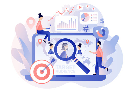 Target audience, customers outreach, digital targeting marketing, business goal. Tiny people targetologist set up advertice on social networks on laptop. Modern flat cartoon style. Vector illustration
