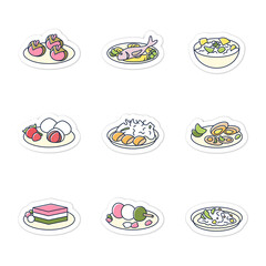 Japanese food stickers. Spring delicates badge for designs. Tradition meal vector emblem