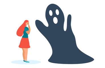 Frightened woman in the face of fears. Fear prevents you from moving forward. Fears and limitations in the head, in thoughts, in the brain.