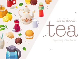 Illustration with text for promotional products of tea shops or any other products related to tea or coffee. Vector illustration