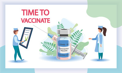 Vaccine, syringe injection, prevention, immunization, cure and treatment for coronavirus infection, doctors carrying big syringe injecting COVID-19 Virus pathogen.