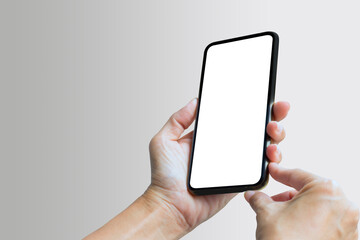 Hand holding mobile phone empty isolated screen background