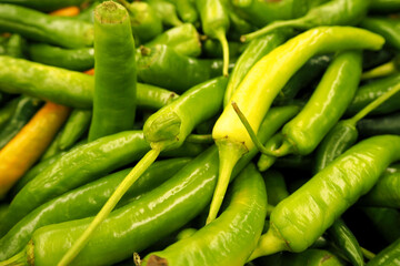 lots of green hot chili. side view. green hot vegetable