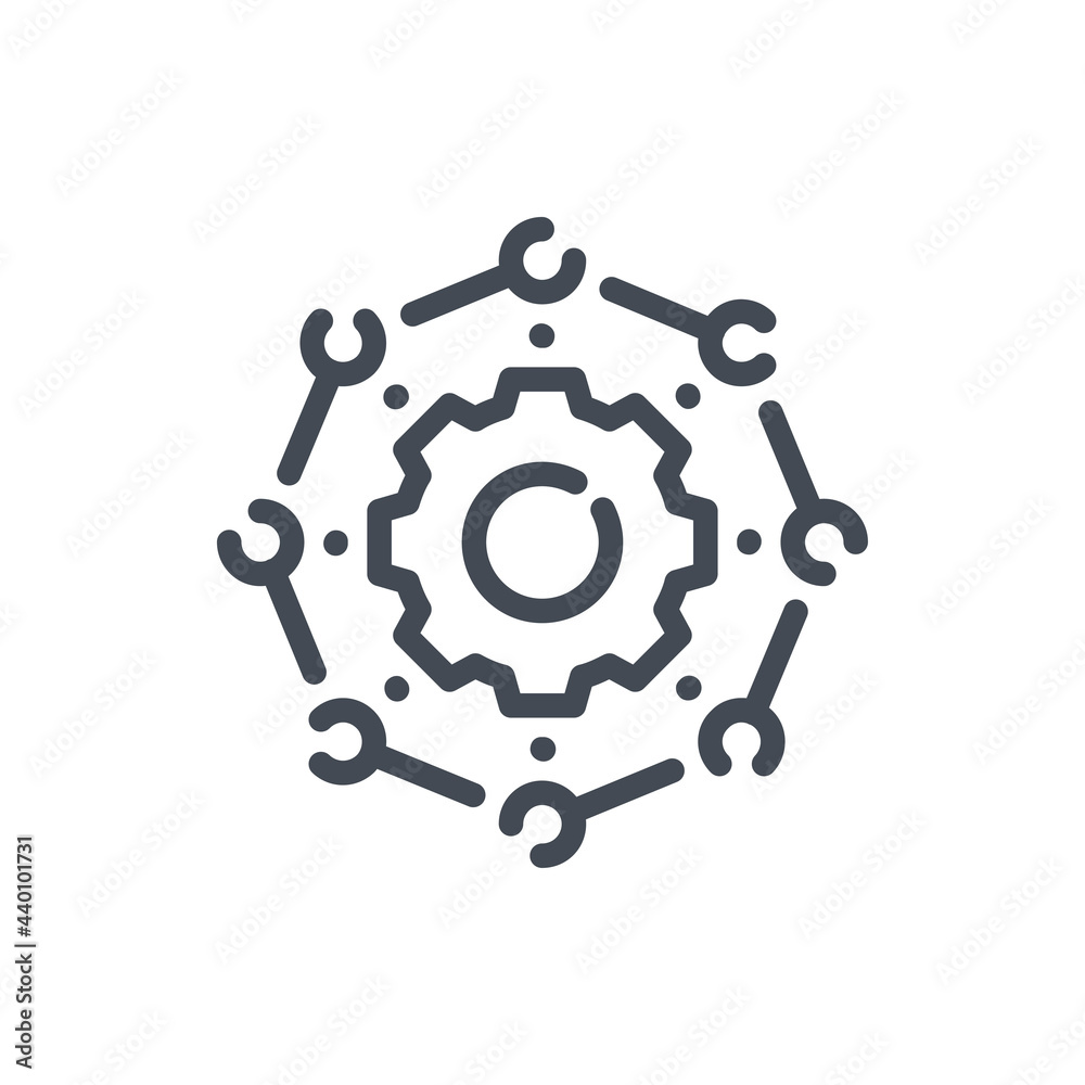 Aufkleber workflow process and automated system line icon. gear with connection to circles vector outline sign