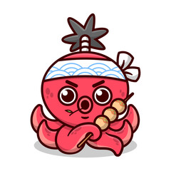 CUTE RED OCTOPUS WITH SAMURAI HAIR STYLE IS WEARING JAPANESE HEADBAND AND BRINGING TAKOYAKI. HIGH QUALITY CARTOON MASCOT DESIGN.