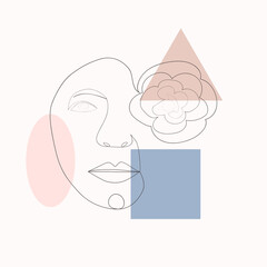 Female face one line drawing with minimal shapes, doodles, tropical leaves and flower. Abstract woman portrait illustration for fashion design