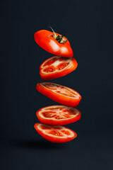 Ripe and red tomato cut into slices flying and levitating isolated on a contract black background. Fresh summer salad ingredient. Raw vegetarian healthy diet ingredient. Creative food concept.