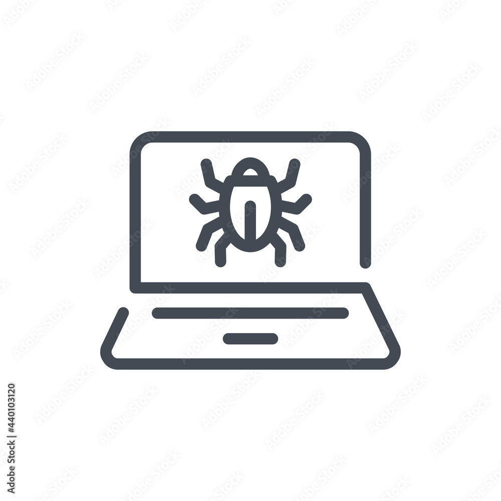 Poster virus and computer bug line icon. laptop with bug on display vector outline sign.