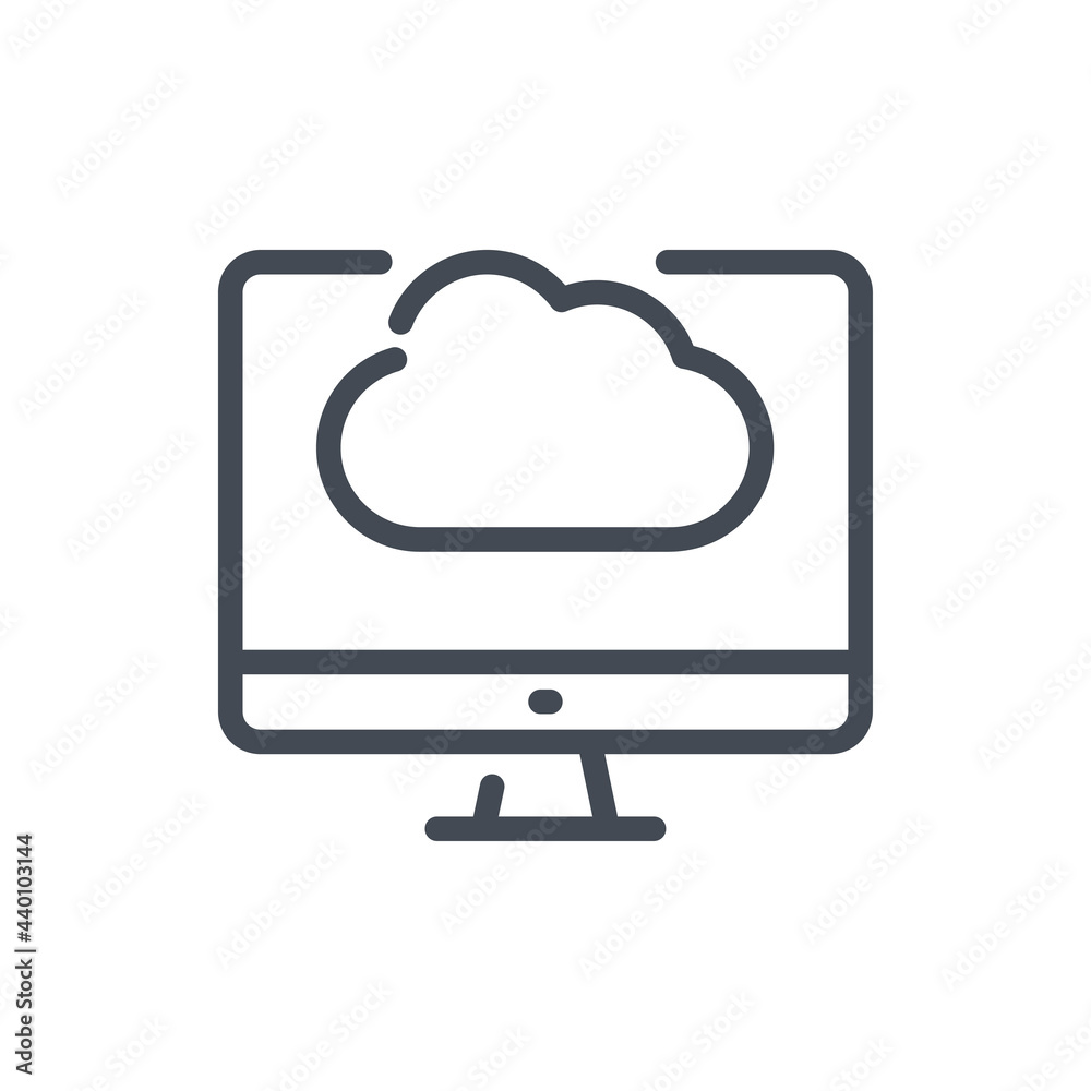 Poster cloud service and hosting line icon. computer with cloud on monitor vector outline sign.