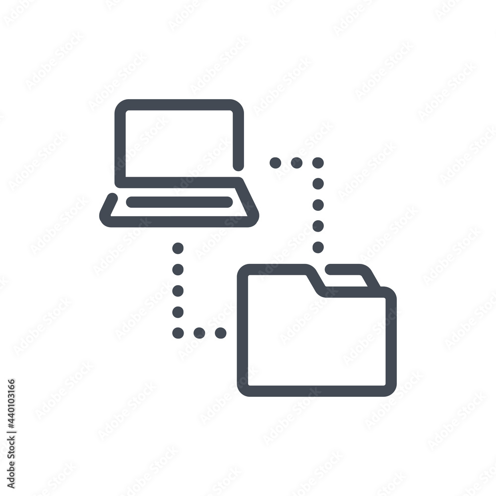Poster data transfer line icon. import files from laptop to folder vector outline sign.