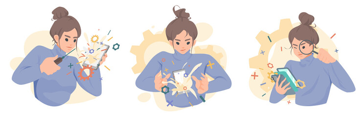 Set of woman character mobile developer working on smartphone concept of application development, coding, programming, Testing, flat vector illustration