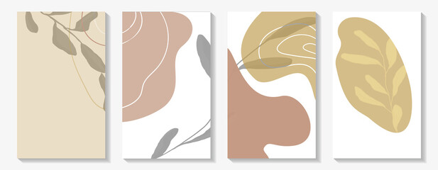 Abstract rectangular backgrounds advertising covers, backgrounds. Banners for big discounts, sales. Beige, yellow, brown, white. Flowing lines and floral elements. Uneven spots. Vector illustration. 