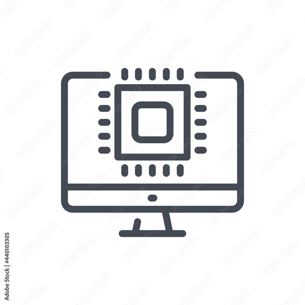 Poster digital microchip line icon. computer with chip vector outline sign.