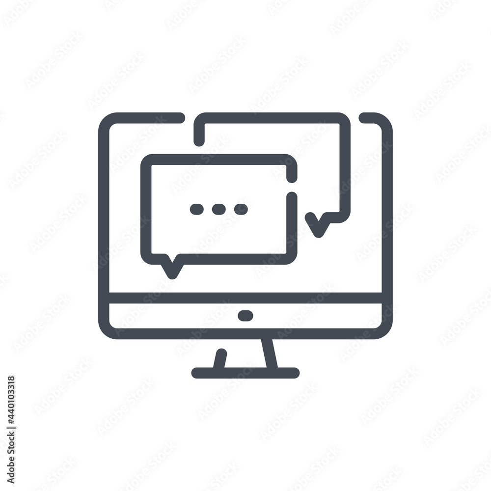 Poster online communication line icon. computer with message boxes vector outline sign.