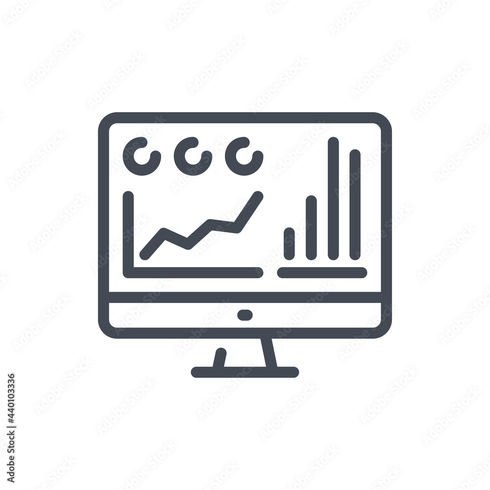 Poster online statistics and analytics line icon. computer with chart, graph and data report vector outline