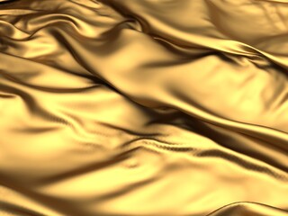 Fototapeta premium Golden fabric silk background. Yellow satin wavy texture