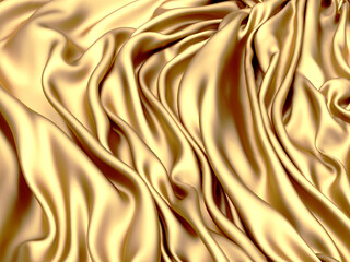 Golden fabric silk background.  Yellow satin wavy texture