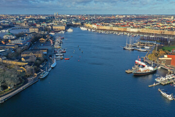 defaAerial view of Stockholm old town. Flying over the bay. Amazing drone photo of Stockholm yacht canal  ult
