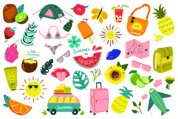 Big summer set of sun bag fruits bus bag etc., modern flat illustration.