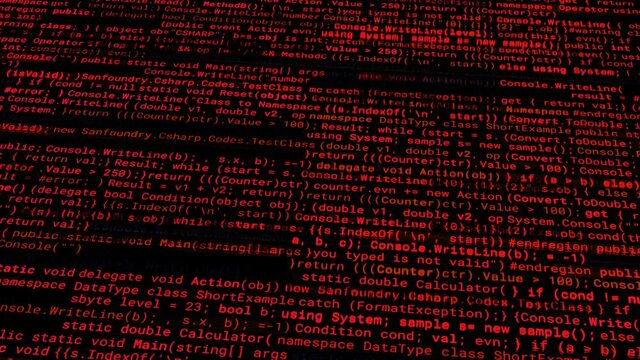 Red program text of hacked system. Animation. Hacker broke into database inside software security system. Red security codes indicate danger of hacking