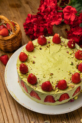 Pistachio cake with strawberries on a wooden table
