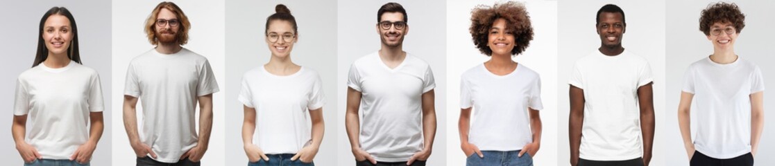 White t-shirt people. Collage of many men and women wearing blank tshirt with copy space for your text or logo - obrazy, fototapety, plakaty