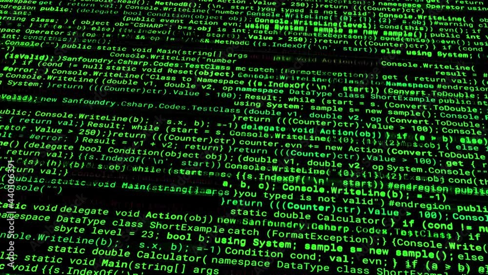 Poster program code of matrix on black background. animation. green text from set of codes providing matrix