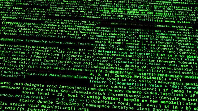 Program code of matrix on black background. Animation. Green text from set of codes providing matrix database. Large green matrix-style text on black background