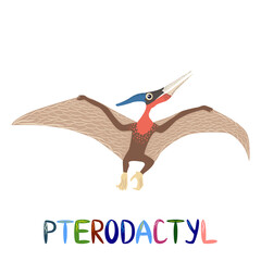 Flying pterodactyl, prehistoric dinosaurs collection. Ancient animals. Hand drawn. In a frame of flowers and leaves © MichiruKayo