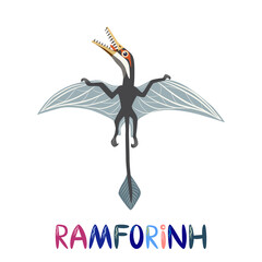 Flying Ramforkhin, prehistoric dinosaurs collection. Ancient animals. Hand drawn. In a frame of flowers and leaves. © MichiruKayo