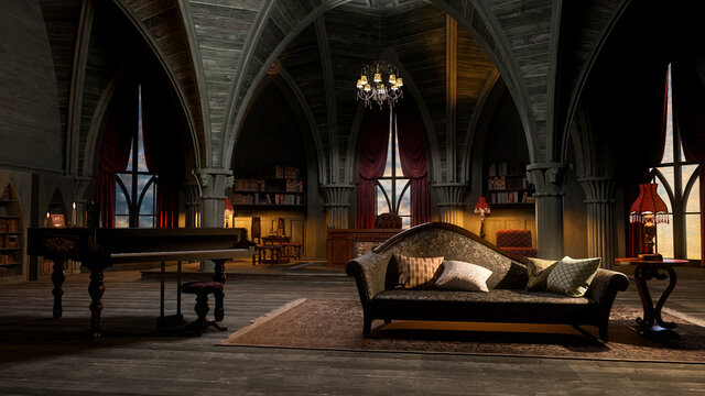 3D illustration of a castle or palace interior room in gothic style with grand piano and sofa.
