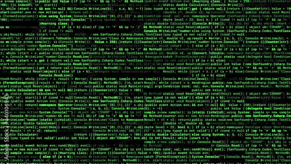 Poster program code of matrix on black background. animation. green text from set of codes providing matrix